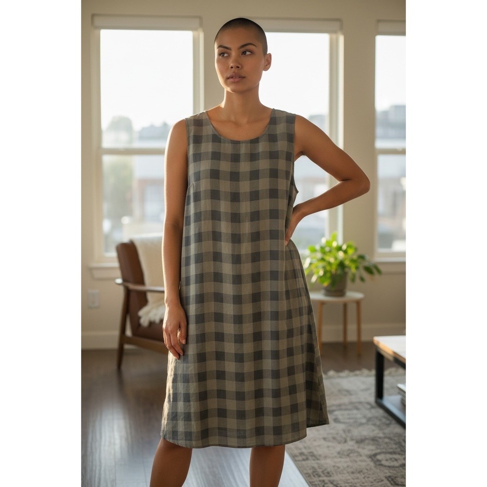 Eileen Fisher 100% Silk Tunic Dress Brown Buffalo Check Printed Sleeveless